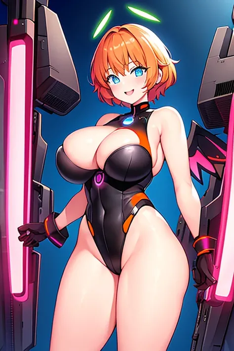 1girl, large breasts, breasts, bare legs, thick thighs, short hair, orange hair, leotard, very short hair, black leotard, neon trim, neon lights, neon, machinery, tech, science-fiction, futuristic, smile, blue eyes, wings