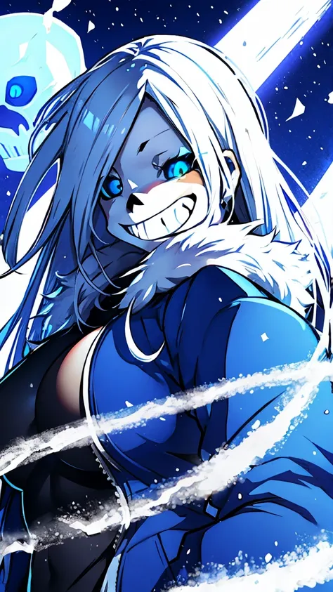 Toby Fox Undertale Sans Blue Jacket ,Fire eyes skull smile white long hair glowing snow town Femininefull big breast breast enlargement full-body shot