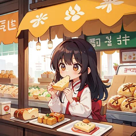 girl eating cheese hotteok at a korean food stall