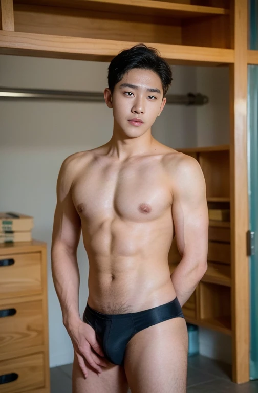 1 handsome Korean guy，19 years old，Handsome guy，youth sunshine，Who is Shi Yu?, Li Yuanbin, Kim Hyung Tae, Kim Hyung Tae, Yin Shishan, Handsome Korean muscular guy，Broad shoulders and narrow waist，A handsome guy wearing a sexy micro thong，in a remote wareho...