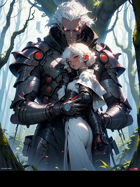 a couple of anime characters standing next to each other, sci-fi horror artwork, artificial intelligence machine, dark woods, father figure image, realistic young anime girl, evil knight, neferpitou, damaged armor, blame manga, by Wen Zhengming, by Lü Ji, ...