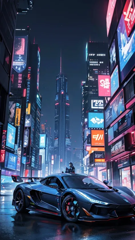 Sci-fi style metropolis at night、Cyberpunk atmosphere、Beautiful night view、A futuristic supercar is parked in front.