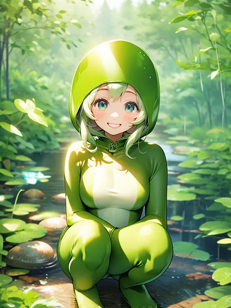 young woman、sparkling beautiful eyes、big eyes、smile、green bodysuit、shiny bodysuit、frog limbs、webbed limbs、by the pond、squat