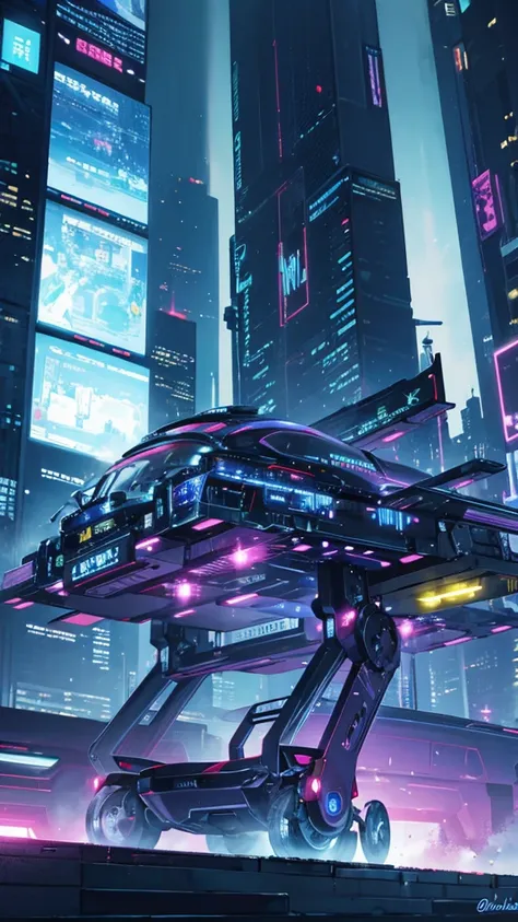 Sci-fi style metropolis at night、Cyberpunk atmosphere、Beautiful night view、A futuristic hovercar is parked in front.