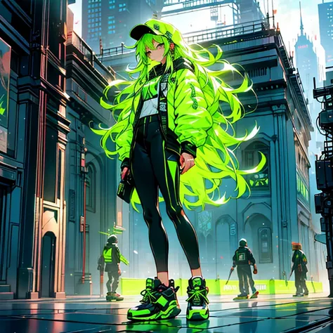 a person standing on a skateboard in front of a city, digital cyberpunk - anime art, acid-green sneakers, fire!! full body, panoramic centered view of girl, inspired by Russell Dongjun Lu, beautiful painting of a tall, orange neon, towering, walking over y...