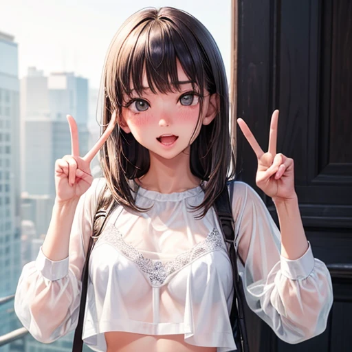 One girl, Realistic, Embarrassed face, Look in the center, Open your mouth, Stick out your tongue,Peace sign with both hands next to face,White underwear，See-through，Straight bangs、whole body