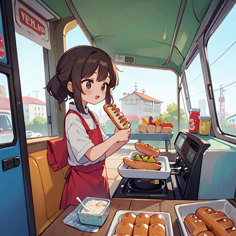 a girl making hot dogs in a food truck　there&#39;s a girl waiting with a coke