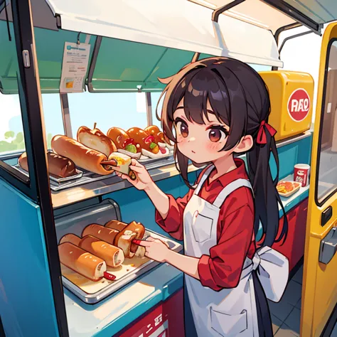 a girl making hot dogs in a food truck　there&#39;s a girl waiting with a coke