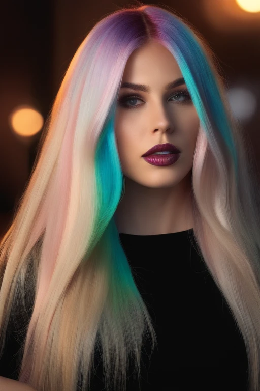 streaked hair, multicolored hair, colored inner hair, blonde hair, Surrealism, chiaroscuro, depth of field, cinematic lighting, motion blur, motion lines, lens flare, UHD, masterpiece, anatomically correct, textured skin, super detail, high details, high q...