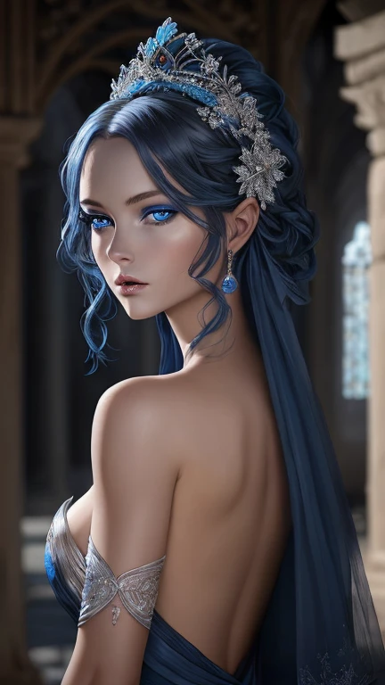 Portrait 8k; une voleuse jeune elfe de la nuit aux cheveux blanc à la peau bleu dans un temple portant une robe armure noire de voleuse, Mysterious, elegant, charmeuse, Very detailed, majestueuse, digital painting, Broken glass, (fantaisie, side lighting, ...