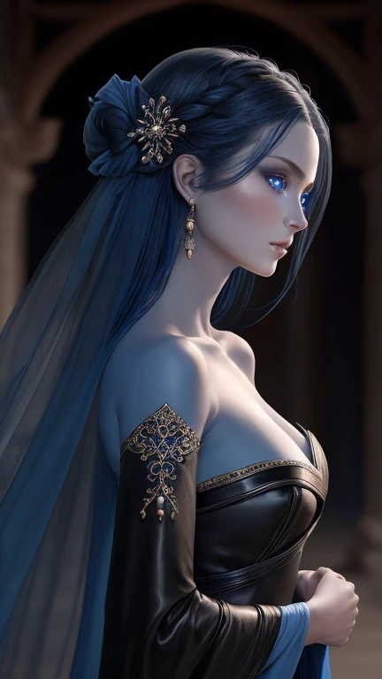 Portrait 8k; une voleuse jeune elfe de la nuit aux cheveux blanc à la peau bleu dans un temple portant une robe armure de voleuse noire, Mysterious, elegant, charmeuse, Very detailed, digital painting, (fantaisie, side lighting, beautiful, finely detailed ...