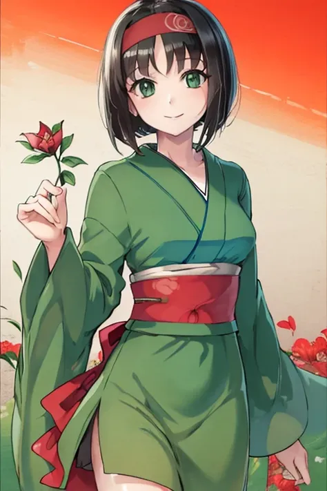 ((masterpiece,highest quality)), absurd, erica_pokemon, green eyes, short black hair, kimono, similarly, red hairband, alone, sm...