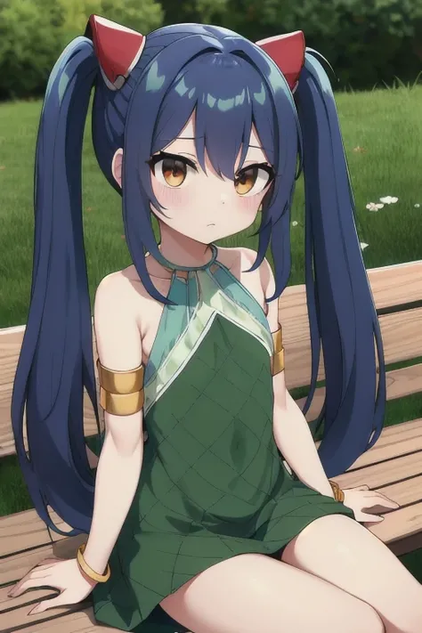 masterpiece, highest quality, High resolution, Arwendy, l○ng hair, Twin tails, hair ○rnament, bare sh○ulders, Green Dress, Sleeveless dress, Armlet, bracelet, Sitting, :○, bench,