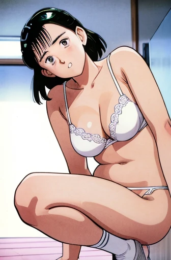 (unity 8k wallpape),(best quality),(high resolution),(ultra-detailed),(perfect anatomy),(beautiful detailed eyes),YAWARA,(urasawa naoki style),20yo,Blushed cheeks,,panty shot,squatting,White panties,White bra,cameltoe,White socks,Shooting from a low angle,...