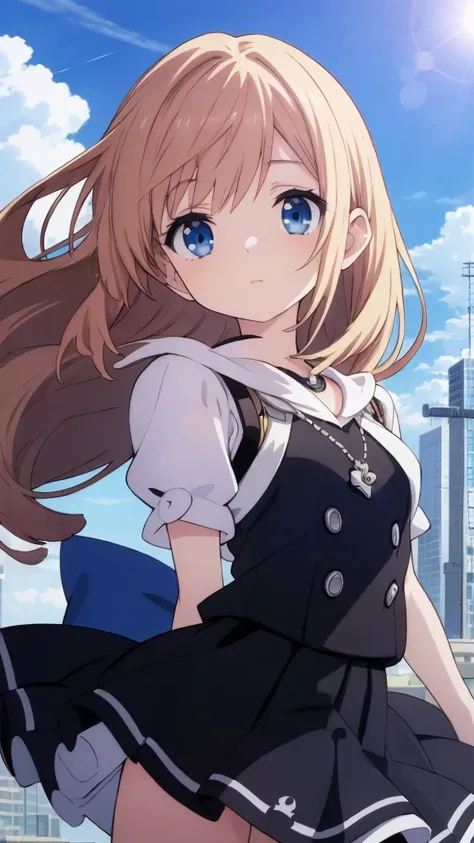 absurderes, hight resolution, (Anime style:1.1), ((masutepiece)), ((Best Quality)), (Ultra-detailed), (Beautiful), solo, Beautiful face、(liftup)、Cute  looking at the view from the top of a skyscraper that is closer to the atmosphere,Wind,((Thin black color...