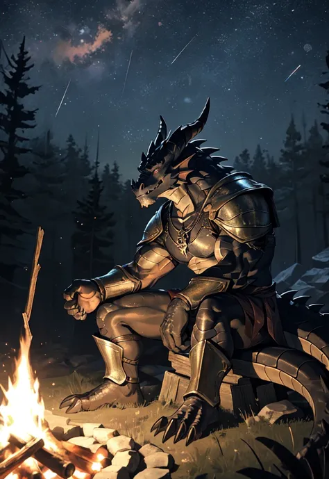 solitary, Beast Domain, (dragon), anthropology, male, ((black body)), scale, Tail, muscle, Handsome, armor, middle Ages, fantasy, outdoor, External, dark, night, forest, campfire, camp, Star, sitting, paw, epic, Depth of Field, Perfect lighting, (Light Par...