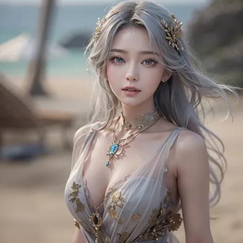 (masterpiece:1.3), (8k, Photorealistic, Raw photo, Best image quality: 1.4), Fair-skinned fairy woman、Long Haircut、Cleavage:2.0、Super detailed face、Attention to detail、double eyelid、Put your chest together、Sharp focus:1.2、Beautiful woman:1.4、Silvery white ...