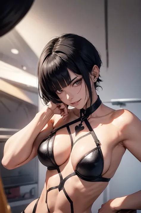 belo corpo,mulher jovem,short black hair , badass , colan,May,coxas torneadas,Evil Smile,juri han,chifres de cabelo,detalhes do corpo,low yellow lighting,raios de luz belo corpo detalhado
