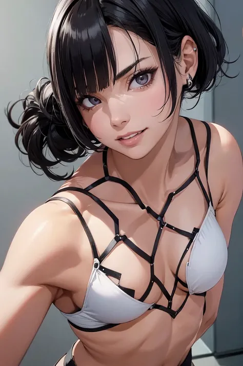 belo corpo,mulher jovem,short black hair , badass , colan,May,coxas torneadas,Evil Smile,juri han,chifres de cabelo,detalhes do corpo,low yellow lighting,raios de luz belo corpo detalhado
