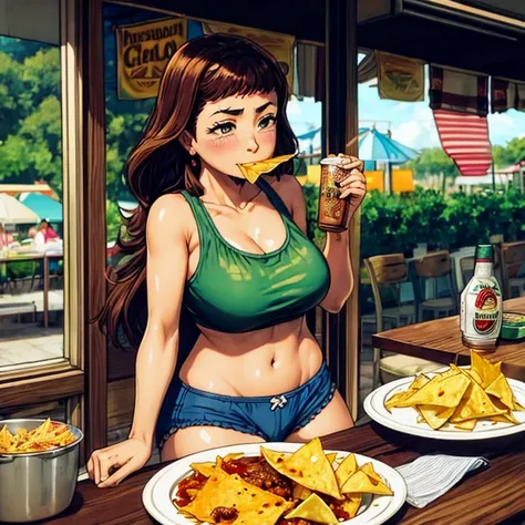 Mexican woman eating tacos, Mexican food stall tortillas and nachos　Under the poncho is a tight tank top and hot pants.　highest quality　Tequila and Corona beer on the table　String Panties