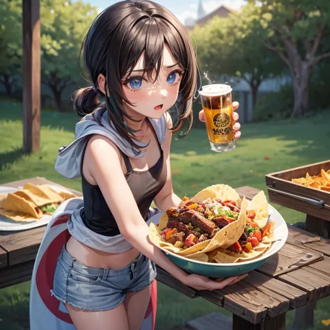 mexican woman eating tacos, mexican food stall tortillas and nachos　under the poncho is a tight tank top and hot pants.　highest ...