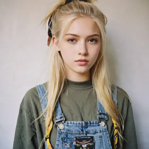 gorgeous blonde hair girl wear ablend of grunge and preppy styles. think flannel shirts paired with ripped jeans or overalls, do...