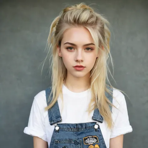 gorgeous blonde hair girl wear ablend of grunge and preppy styles. think flannel shirts paired with ripped jeans or overalls, do...