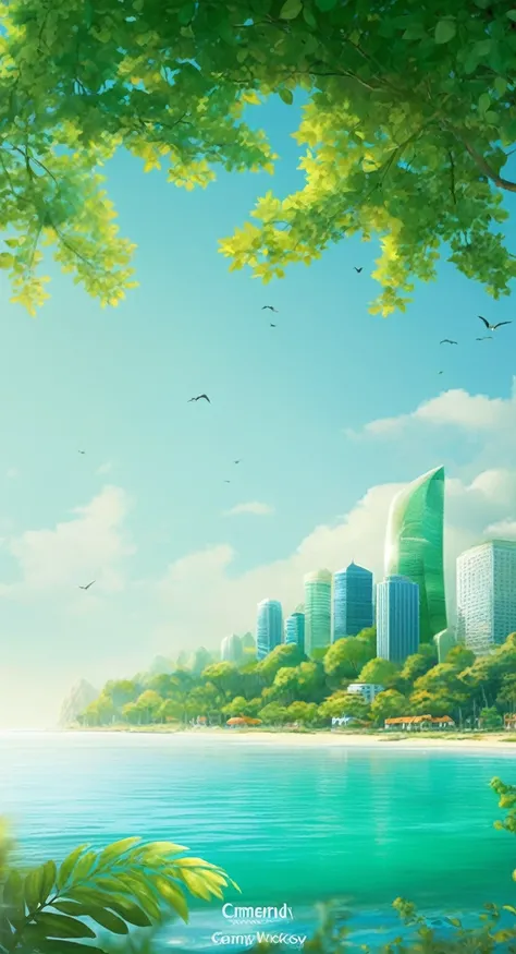 
Create a file called "spring" The sea is surrounded by green trees, Coastline with buildings and beautiful beaches, All in the style of Dmitry Vishnevsky. Artwork should stand out with emerald green hues, orange, and sea blue, Evoke tenderness, easy, Drea...