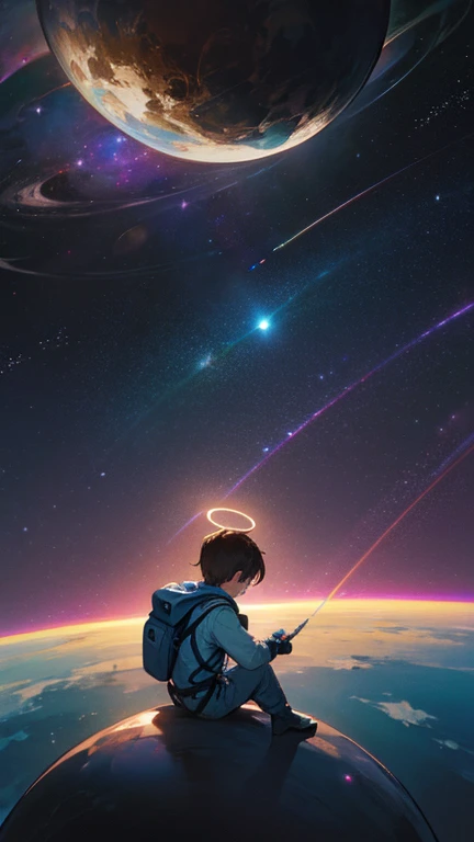 Imagine a young boy, around ten years old, sitting cross-legged in the vast, star-studded expanse of space. He floats serenely in the zero gravity, his eyes wide with wonder. His brown hair floats around his head like a halo, gently moving with each small ...