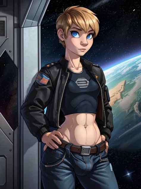 (female anthro bird), tomboy, pretty face, human nose, space station background, thin body, slim, fit,  dark blonde hair, tomboy...