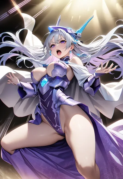 masterpiece、highest quality、Ultra-high resolution、Maximum resolution、Very detailed、Professional Lighting、anime、Adult women、thin、so beautiful、Screaming face、Open your mouth、White and purple enamel high leg leotard、Purple pattern、((Cyber Armor))、Shiny Armor、...