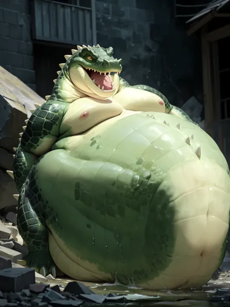 A very obese emerald-colored crocodile、Emerald scales、、Wild ferocious crocodile、Spiky scales all over the body、Very short legs、Screaming facial expression、Roaring crocodile face、Backward body、Reptile Eyes、Longitudinal pupils、A body covered with a lot of fa...