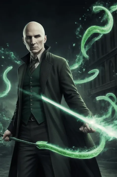 Voldemort black clothes green eyes with green power snakes around him realistic green flame elder wand harry potter dumbledore psychedelic green 4k hd real human - automatic 