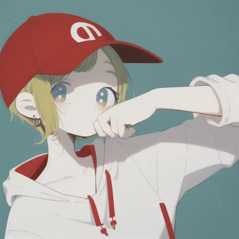 masterpiece, highest quality, One girl, Aqua Eye,red baseball cap, Blonde, Earrings, Blue background, Have, hoop Earrings, jewelry, View your viewers, shirt, short hair, Simple Background, alone, Upper Body, yellow shirt,hoodie