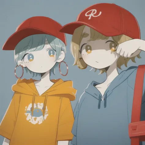 masterpiece, highest quality, One girl, Aqua Eye,red baseball cap, Blonde, Earrings, Blue background, Have, hoop Earrings, jewelry, View your viewers, shirt, short hair, Simple Background, alone, Upper Body, yellow shirt,hoodie