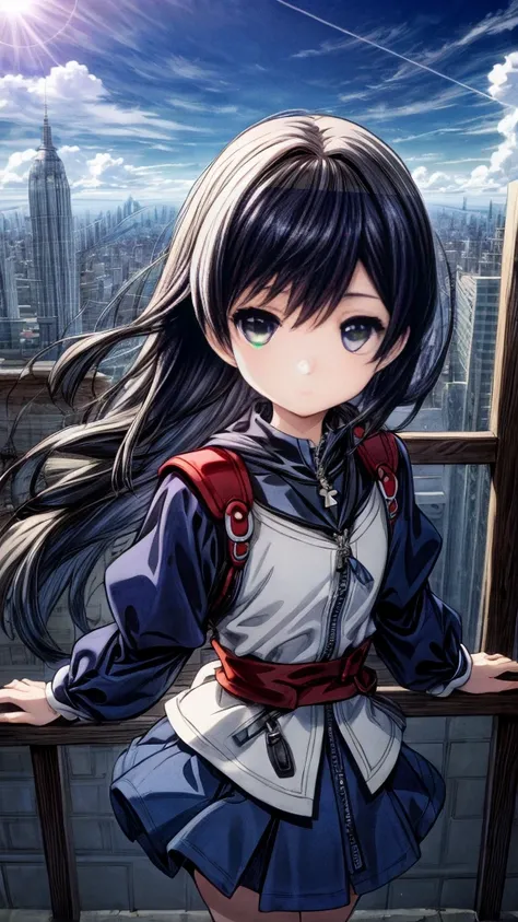 absurderes, hight resolution, (Anime style:1.1), ((masutepiece)), ((Best Quality)), (Ultra-detailed), (Beautiful), solo, Beautiful face、(liftup)、Cute  looking at the view from the top of a skyscraper that is closer to the atmosphere,Wind,((Thin black color...