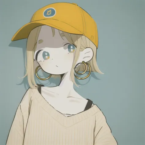 masterpiece, highest quality, One girl, Aqua Eye, Yellow Baseball Cap, Blonde, Earrings, Blue background, Have, hoop Earrings, jewelry, View your viewers, Black Shirt, short hair, Simple Background, alone, Upper Body,Yellow Sweater