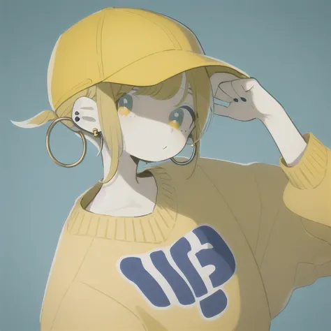 masterpiece, highest quality, One girl, Aqua Eye, Yellow Baseball Cap, Blonde, Earrings, Blue background, Have, hoop Earrings, jewelry, View your viewers, Black Shirt, short hair, Simple Background, alone, Upper Body,Yellow Sweater