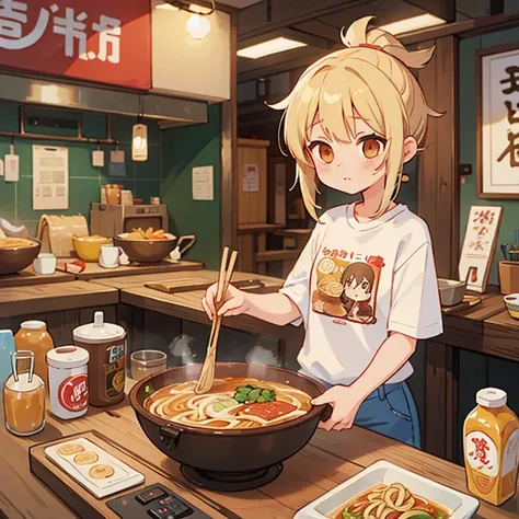 A girl in a T-shirt and denims making ramen at a ramen stand　