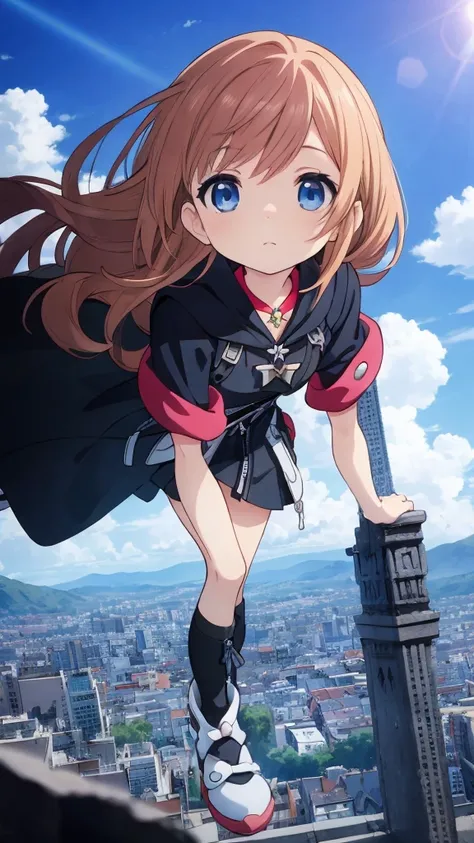 absurderes, hight resolution, (Anime style:1.1), ((masutepiece)), ((Best Quality)), (Ultra-detailed), (Beautiful), solo, Beautiful face、(liftup)、Cute  looking at the view from the top of a skyscraper that is closer to the atmosphere,Wind,((Thin black color...