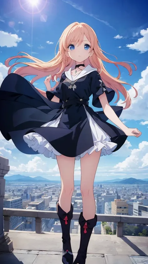 absurderes, hight resolution, (Anime style:1.1), ((masutepiece)), ((Best Quality)), (Ultra-detailed), (Beautiful), solo, Beautiful face、(liftup)、Cute  looking at the view from the top of a skyscraper that is closer to the atmosphere,Wind,((Thin black color...