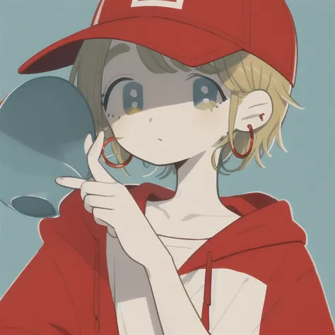 masterpiece, highest quality, One girl, Aqua Eye,red baseball cap, Blonde, Earrings, Blue background, Have, hoop Earrings, jewelry, View your viewers, shirt, short hair, Simple Background, alone, Upper Body, yellow shirt,hoodie