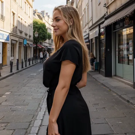 Profile view from the side, diffusion image model of a 27-year-old, 170cm tall, physically fit woman, blonde hair, light skin, Breasts are large. Wearing a seky, thight black dress, strolling the charming streets of Paris. Her presence exudes youth and str...