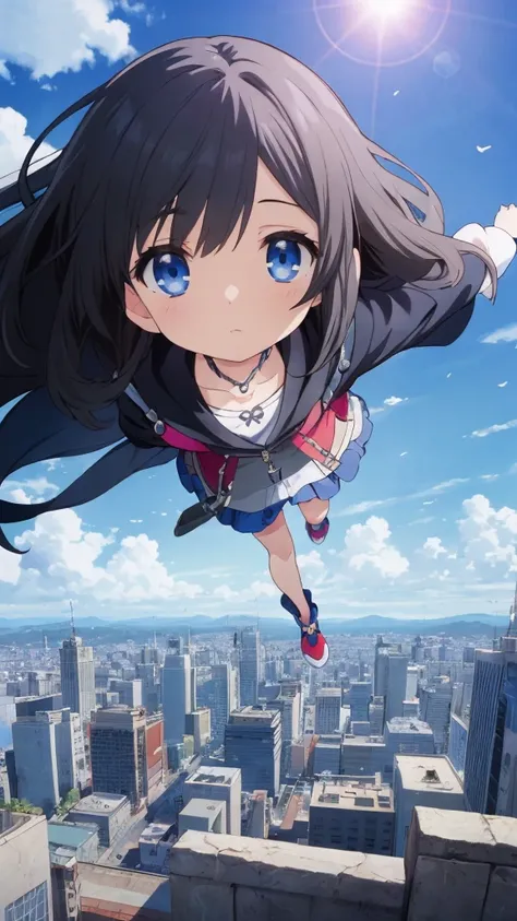 absurderes, hight resolution, (Anime style:1.1), ((masutepiece)), ((Best Quality)), (Ultra-detailed), (Beautiful), solo, Beautiful face、(liftup)、Cute  looking at the view from the top of a skyscraper that is closer to the atmosphere,Wind,((Thin black color...