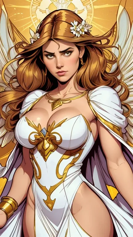 (best quality:1.2,comics art:1.1,vivid colors,beautiful vintage angel warrior woman with big open wings:1.1),((white and gold dress)),little breasts, determined angry face expression,(((corpo de frente para o observador))), (((empunhando uma espada))), alp...