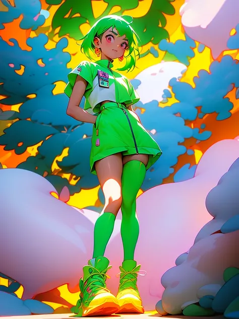 digital art-gem anime art, acid-green sneakers, fire!! full body, panoramic close-up centered view of girl, inspired by Russell Dongjun Lu, beautiful painting of a tall, orange neon, towering, 