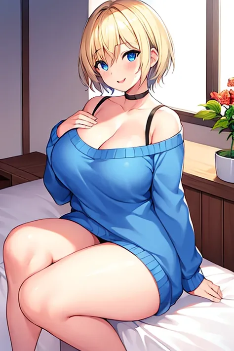 1girl, breasts, large breasts, bare legs, thick thighs, blue eyes, bed, sweater, white sweater, blonde hair, very short hair, pixie cut, tomboy, smile, cleavage, sittung