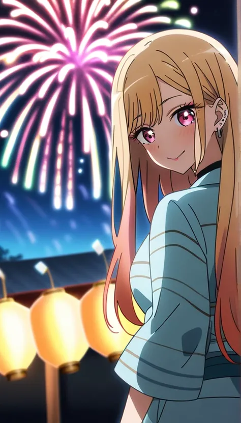 1girl, kitagawa marin, sono bisque doll wa koi wo suru, yukata, fireworks, festival , masterpiece, best quality, very aesthetic, absurdres, anime artwork, anime style, key visual, vibrant, studio anime, highly detailed