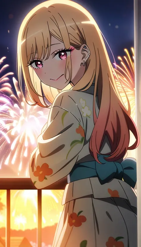 1girl, kitagawa marin, sono bisque doll wa koi wo suru, yukata, fireworks, festival , masterpiece, best quality, very aesthetic, absurdres, anime artwork, anime style, key visual, vibrant, studio anime, highly detailed