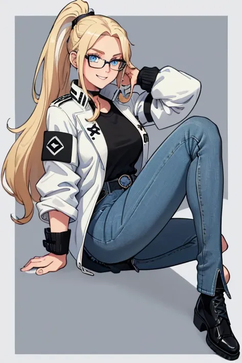 female, blonde long hair in a ponytail, blue eyes, (((1girl))), (((white and black jacket with rolled up sleeves))), (black shirt), (blue denim jeans), (black belt), (black shoes), (glasses), cute and sexy, full body, modest breasts, modest butt, long legs...